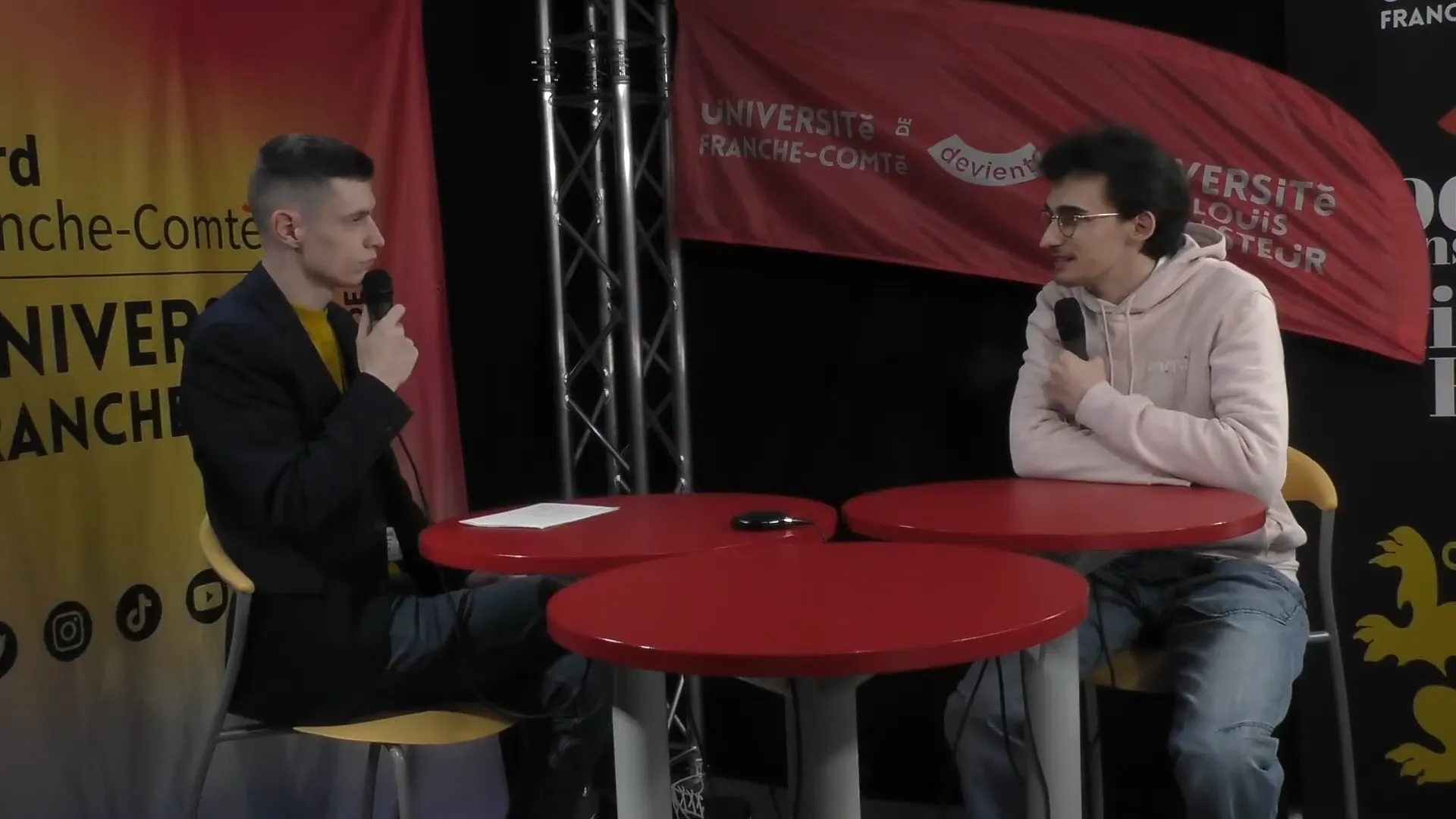 Plateau WebTV de l'Université de Franche-Comté lors de la JPO 2024 avec David Markezic, Hugo Paillard, Jules Dupaquier et Valérie Lepiller