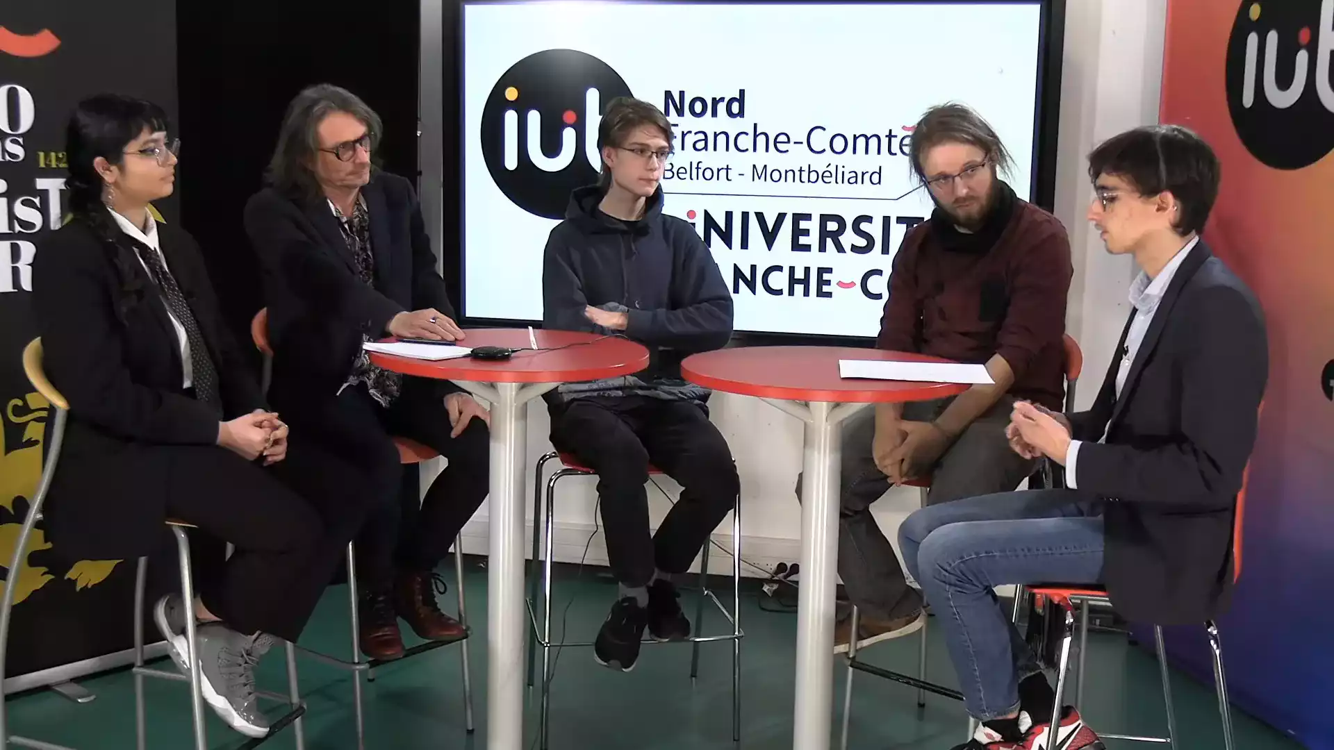 Plateau WebTV de l'Université de Franche-Comté lors de la JPO 2024 avec David Markezic, Hugo Paillard, Jules Dupaquier et Valérie Lepiller